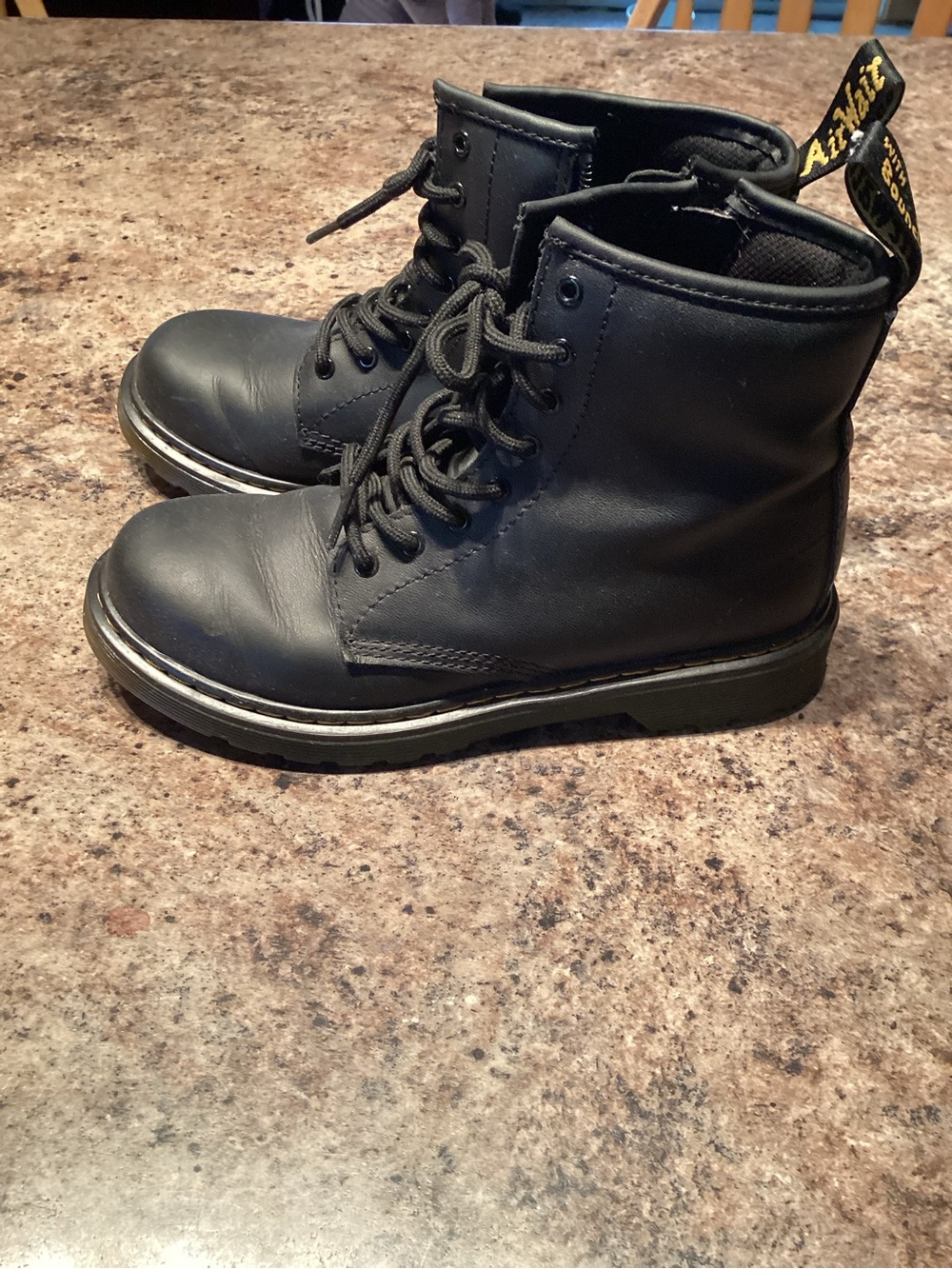 Dr. Martens Black Kids Lace-Up Combat Boots with Yellow Heel Loop